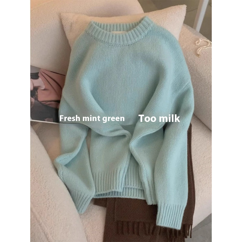 Japanese Leisure Idle Style Milk Huhoo Round Neck Sweater For Women
