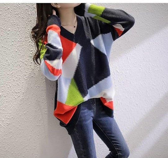 Women's V-neck Rainbow Color Idle Style Knitted Sweater