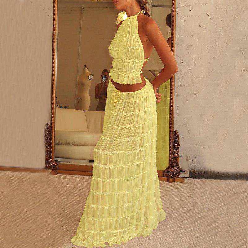 Conjunto de 2 piezas de vestido sexy para mujer, sin mangas, espalda descubierta, top corto con cuello halter y vestido largo plisado