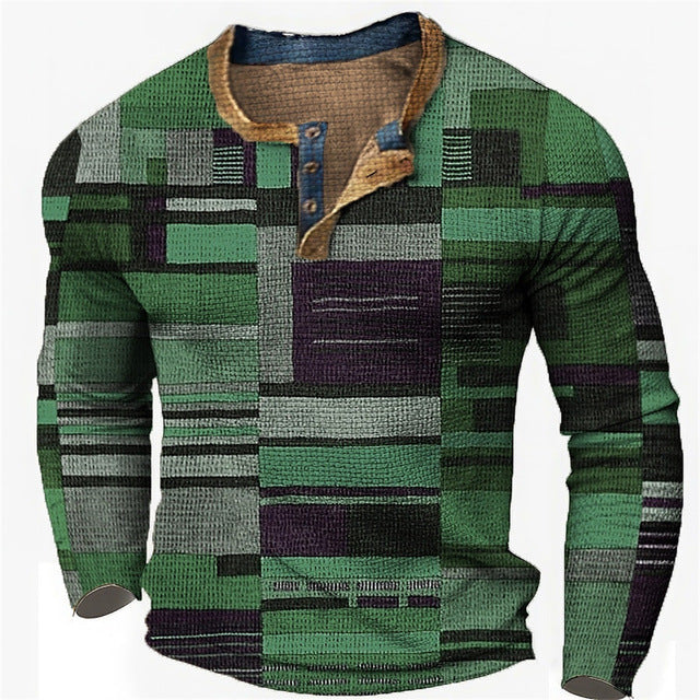 Men's Digital Printed Button Long-sleeved T-shirt