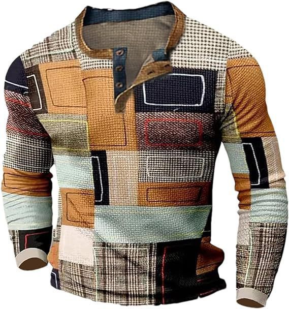 Men's Digital Printed Button Long-sleeved T-shirt
