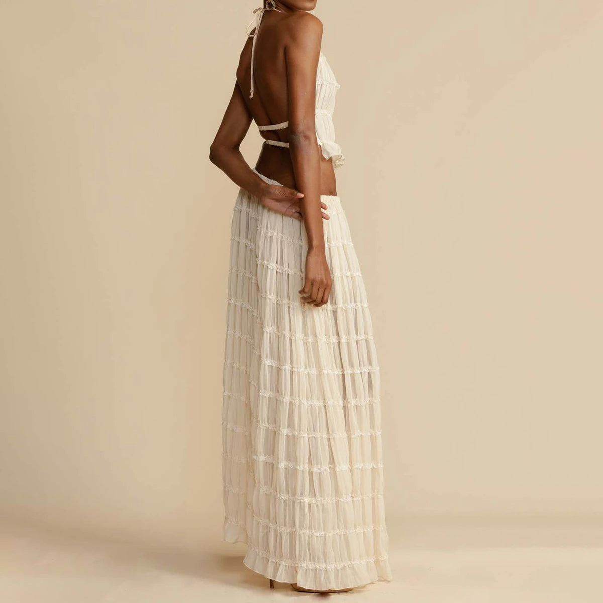 Conjunto de 2 piezas de vestido sexy para mujer, sin mangas, espalda descubierta, top corto con cuello halter y vestido largo plisado