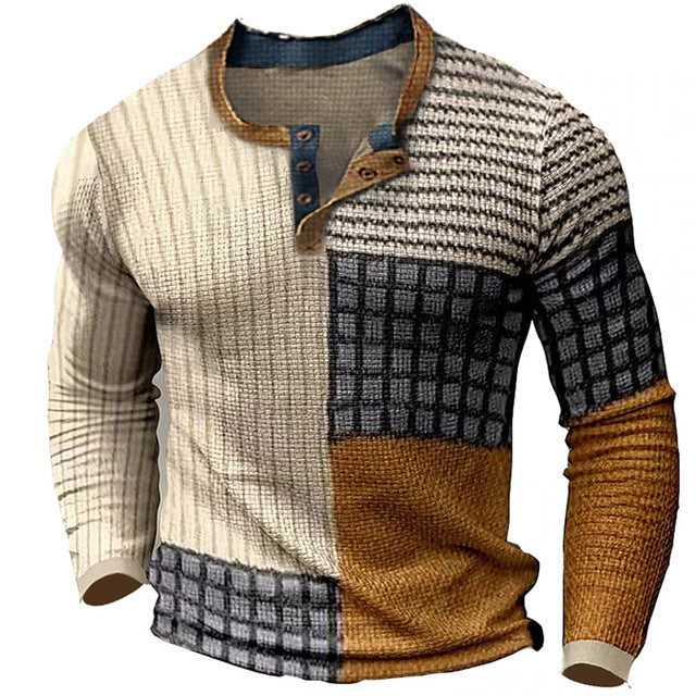 Men's Digital Printed Button Long-sleeved T-shirt