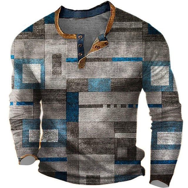 Men's Digital Printed Button Long-sleeved T-shirt
