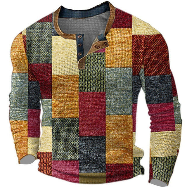 Men's Digital Printed Button Long-sleeved T-shirt