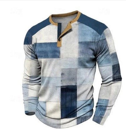 Men's Digital Printed Button Long-sleeved T-shirt