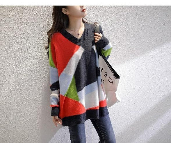 Women's V-neck Rainbow Color Idle Style Knitted Sweater