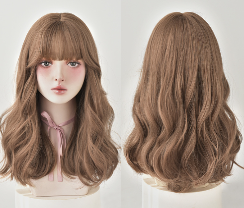 Natürliche Vollkopfperücke, langes lockiges Haar, Air Bangs, flauschiges mittellanges Haar