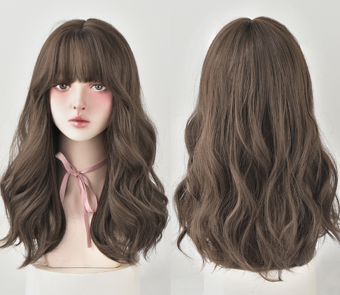 Natürliche Vollkopfperücke, langes lockiges Haar, Air Bangs, flauschiges mittellanges Haar