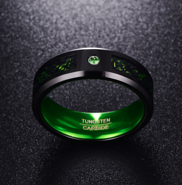 Anillo de boda de carburo de tungsteno con circonita verde mate para hombre