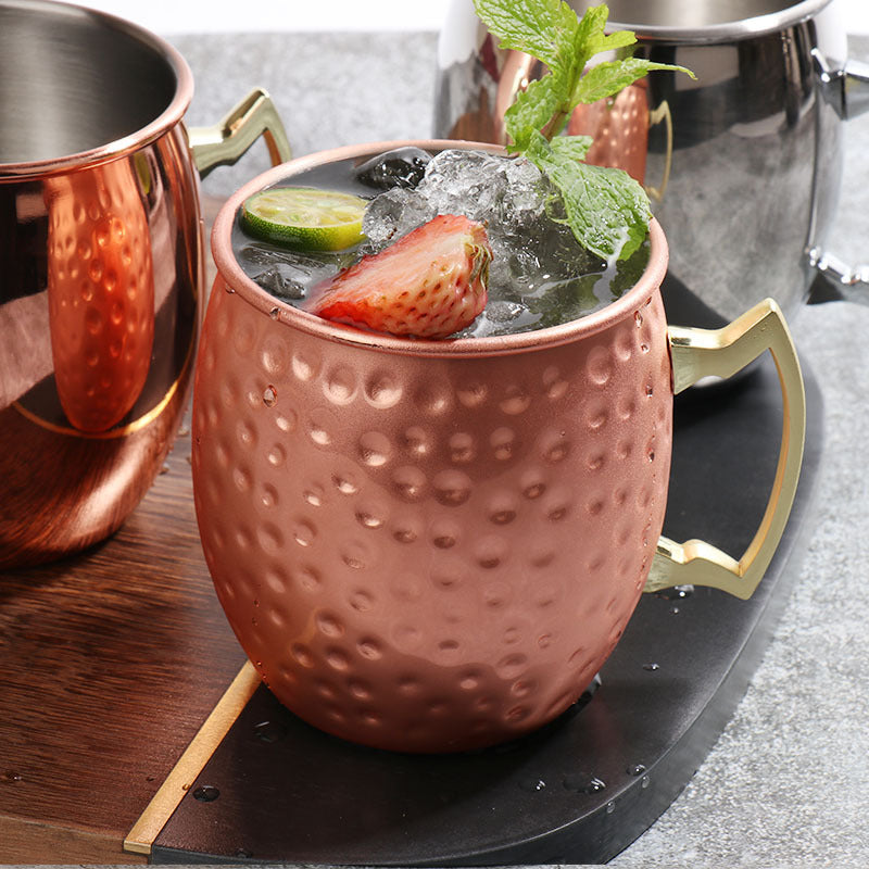 Copa Moscow Mule de gran venta, copa de acero inoxidable 304 con punta de martillo bañada en cobre, copa de vino desnuda, copa de cóctel