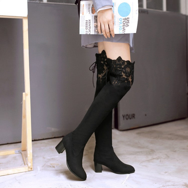 Botas de mujer sexys con tacón alto hasta la rodilla y encaje hueco en el interior