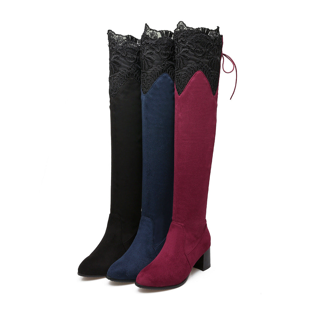 Botas de mujer sexys con tacón alto hasta la rodilla y encaje hueco en el interior