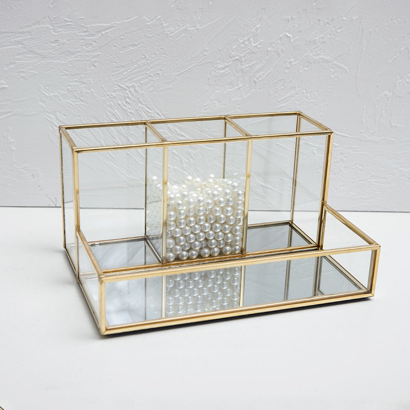 Organizador de maquillaje de vidrio Organizador de cosméticos de baño con acabado dorado