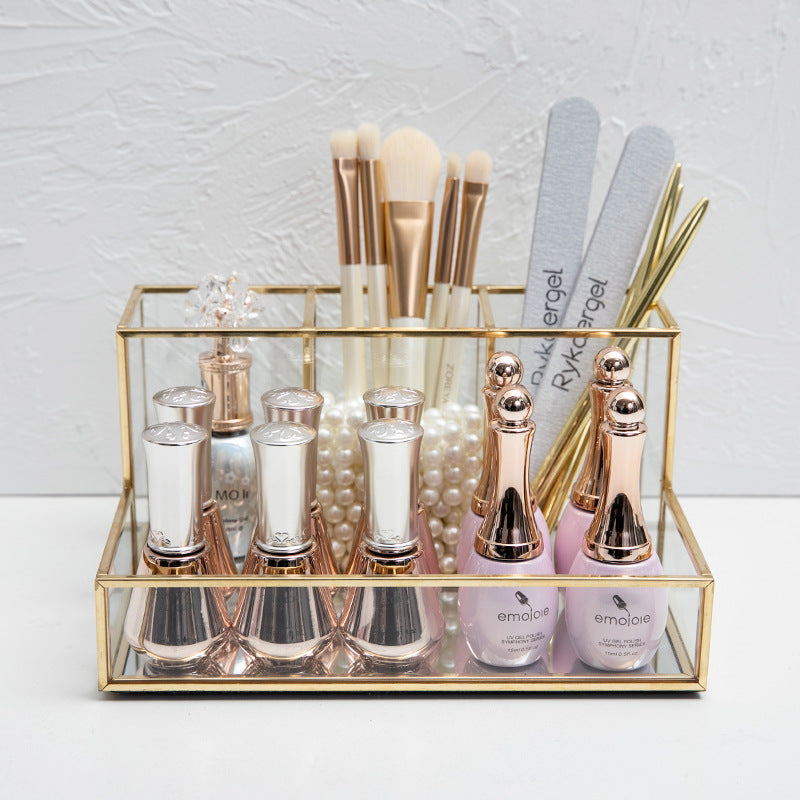 Organizador de maquillaje de vidrio Organizador de cosméticos de baño con acabado dorado