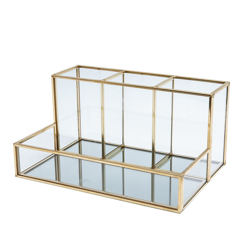 Organizador de maquillaje de vidrio Organizador de cosméticos de baño con acabado dorado