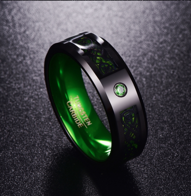 Anillo de boda de carburo de tungsteno con circonita verde mate para hombre