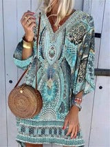 Bohemian V-Ausschnitt Langarm bedrucktes Freizeitkleid