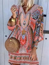 Bohemian V-Ausschnitt Langarm bedrucktes Freizeitkleid