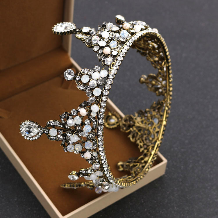 Corona redondeada de novia coreana, adornos de boda de princesa con perlas y diamantes, tocado de corona, accesorios de boda