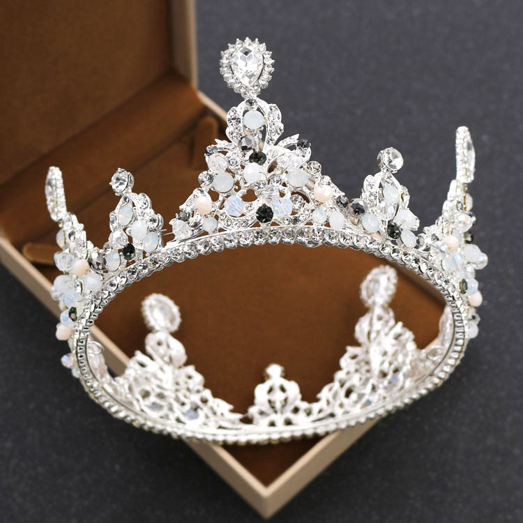 Corona redondeada de novia coreana, adornos de boda de princesa con perlas y diamantes, tocado de corona, accesorios de boda