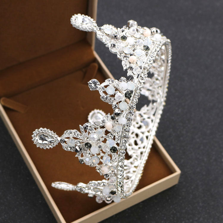Corona redondeada de novia coreana, adornos de boda de princesa con perlas y diamantes, tocado de corona, accesorios de boda