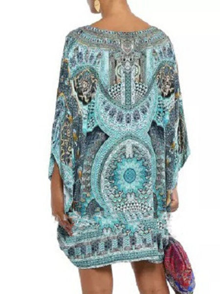 Bohemian V-Ausschnitt Langarm bedrucktes Freizeitkleid