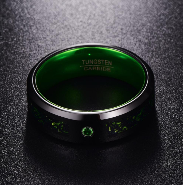 Anillo de boda de carburo de tungsteno con circonita verde mate para hombre