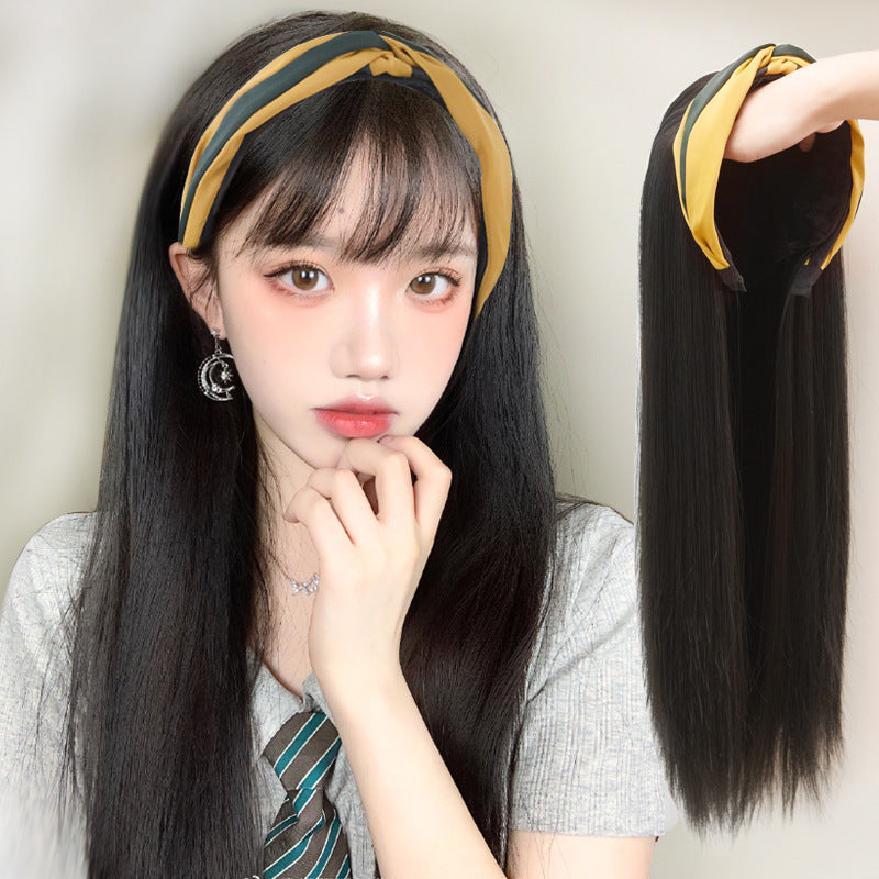 Perücke Damen Lange Haare Lazy Stirnband Schwarz Lange Glatte Haare Halbe Kopfbedeckung Stil