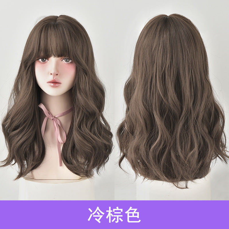 Natürliche Vollkopfperücke, langes lockiges Haar, Air Bangs, flauschiges mittellanges Haar