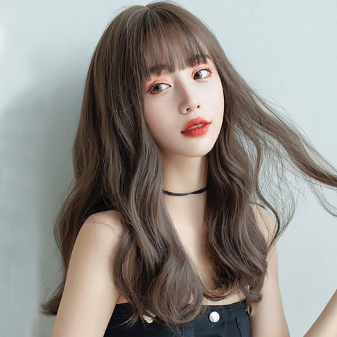 Natürliche Vollkopfperücke, langes lockiges Haar, Air Bangs, flauschiges mittellanges Haar