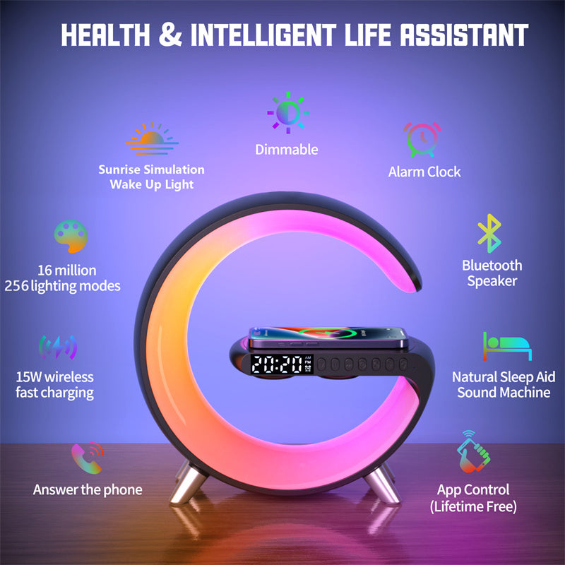 Lámpara de ambiente inteligente Altavoz Bluetooth Cargador inalámbrico Lámpara de noche Lámpara de despertador Sunrise Lámpara polar Reloj despertador