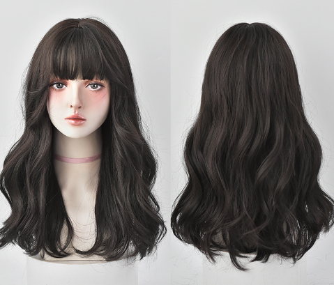 Natürliche Vollkopfperücke, langes lockiges Haar, Air Bangs, flauschiges mittellanges Haar
