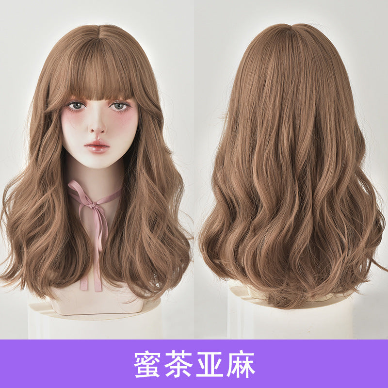 Natürliche Vollkopfperücke, langes lockiges Haar, Air Bangs, flauschiges mittellanges Haar