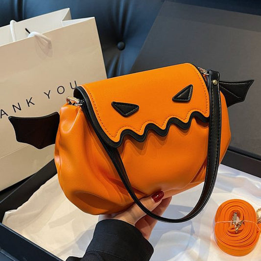 Bolso bandolera divertido con diseño de calabaza de Halloween, bolso de hombro con alas pequeñas, bolso de mano creativo personalizado para mujer