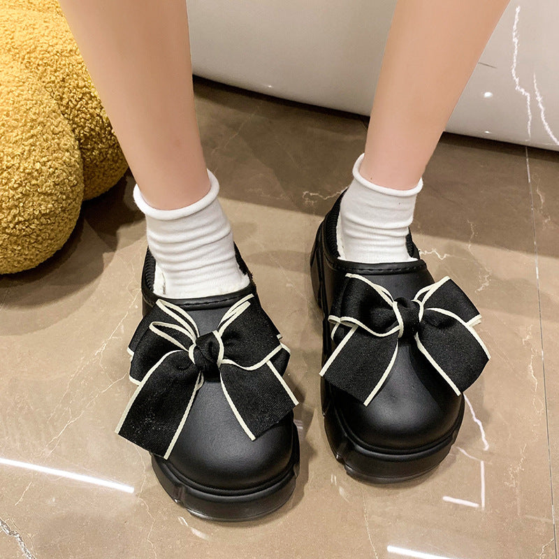Bowknot Baumwollpantoffeln Warm mit samtig wasserdichten Home Indoor Plateau Baumwollschuhe