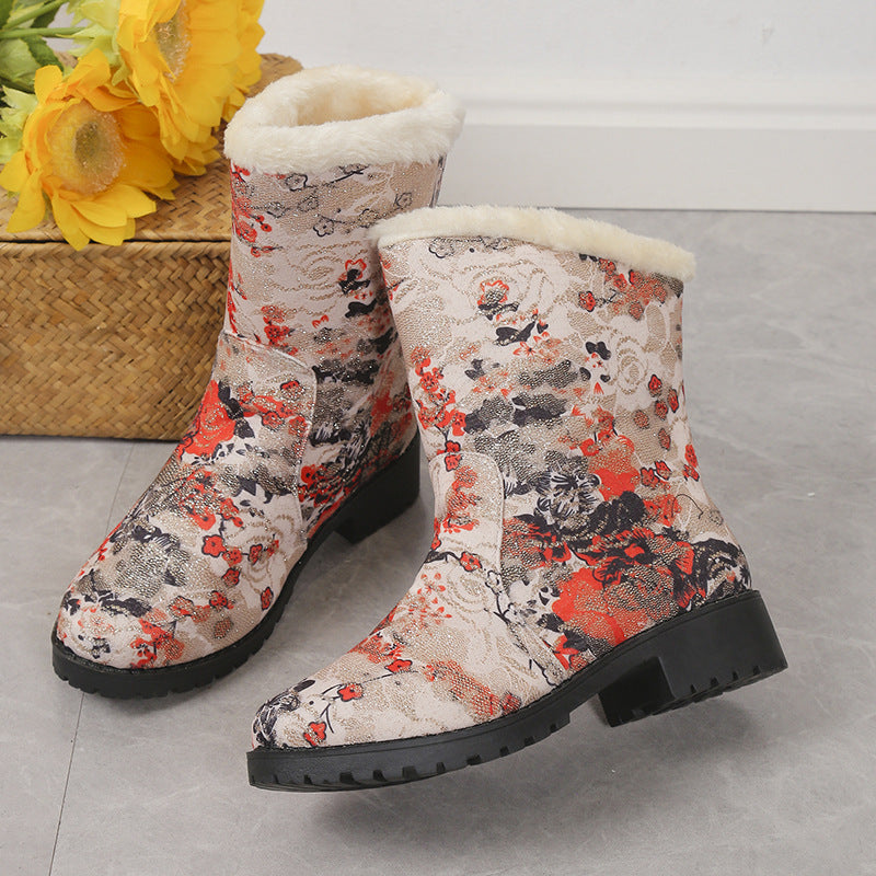 Botines con estampado de flores de moda con plataforma cálida de felpa para invierno, botines ligeros de terciopelo para mujer