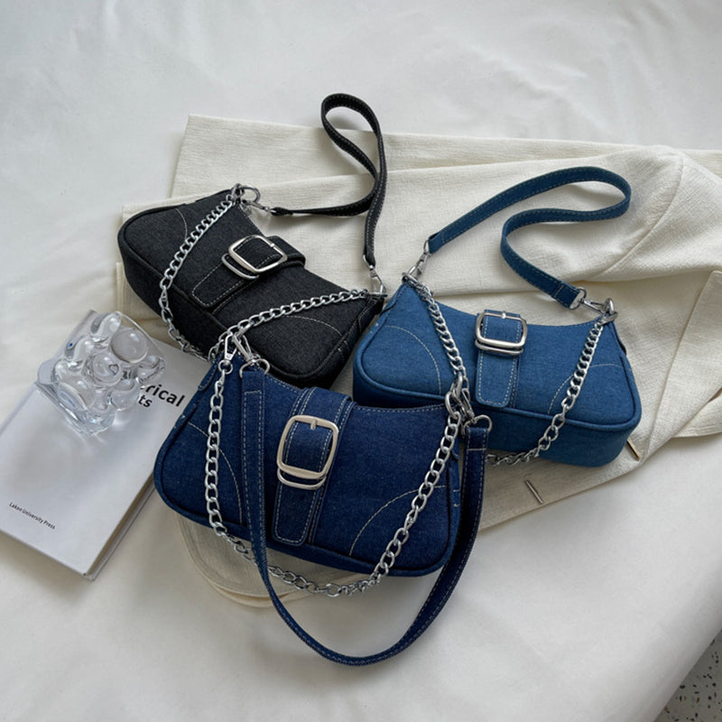 Denim Schultertaschen Damen Mode Ketten Handtasche Umhängetaschen Kleine Quadratische Achseltasche