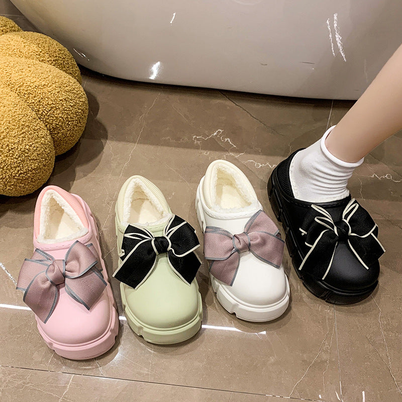 Bowknot Baumwollpantoffeln Warm mit samtig wasserdichten Home Indoor Plateau Baumwollschuhe