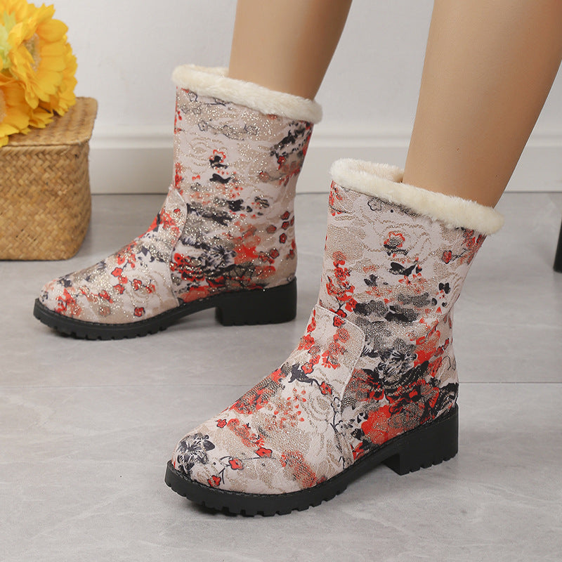 Botines con estampado de flores de moda con plataforma cálida de felpa para invierno, botines ligeros de terciopelo para mujer