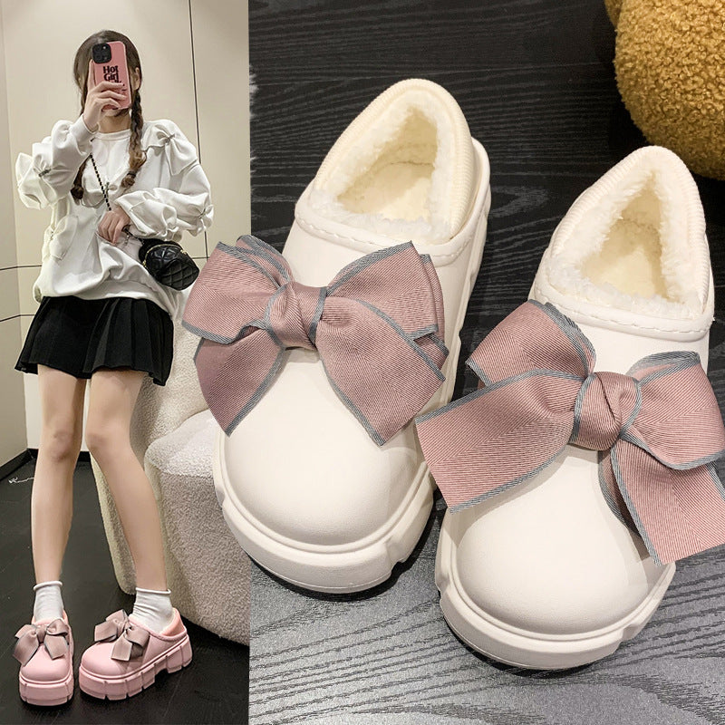 Bowknot Baumwollpantoffeln Warm mit samtig wasserdichten Home Indoor Plateau Baumwollschuhe