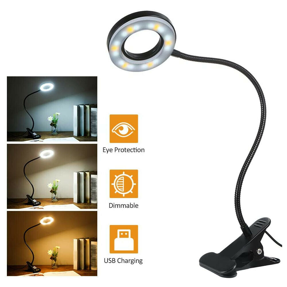 Clip-On Schreibtischlampe LED Flexibler Arm USB Dimmbar Studie Lesetisch Nachtlicht