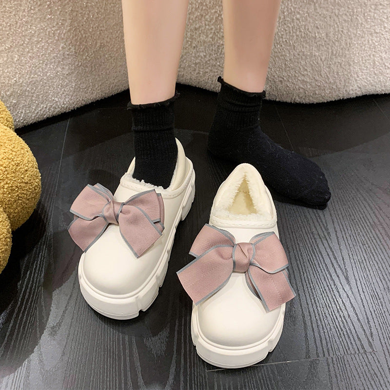 Bowknot Baumwollpantoffeln Warm mit samtig wasserdichten Home Indoor Plateau Baumwollschuhe