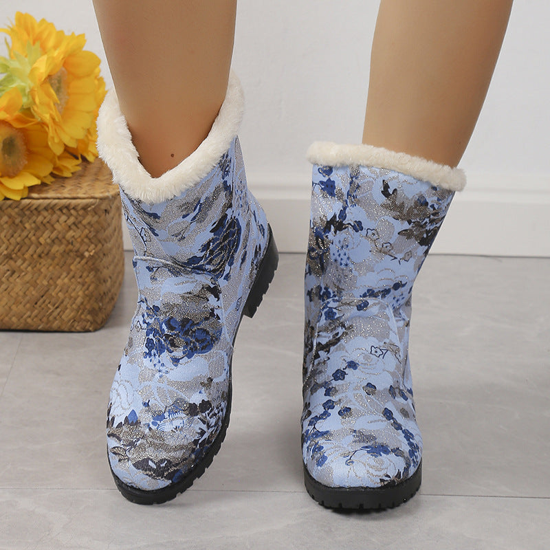 Botines con estampado de flores de moda con plataforma cálida de felpa para invierno, botines ligeros de terciopelo para mujer