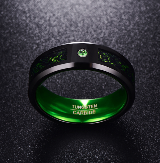 Anillo de boda de carburo de tungsteno con circonita verde mate para hombre