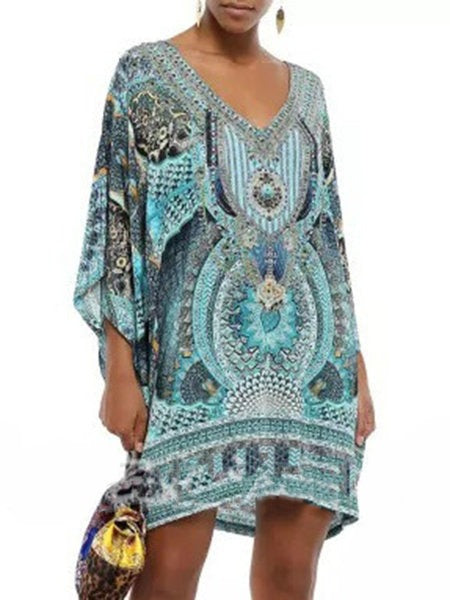 Bohemian V-Ausschnitt Langarm bedrucktes Freizeitkleid