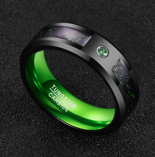Anillo de boda de carburo de tungsteno con circonita verde mate para hombre