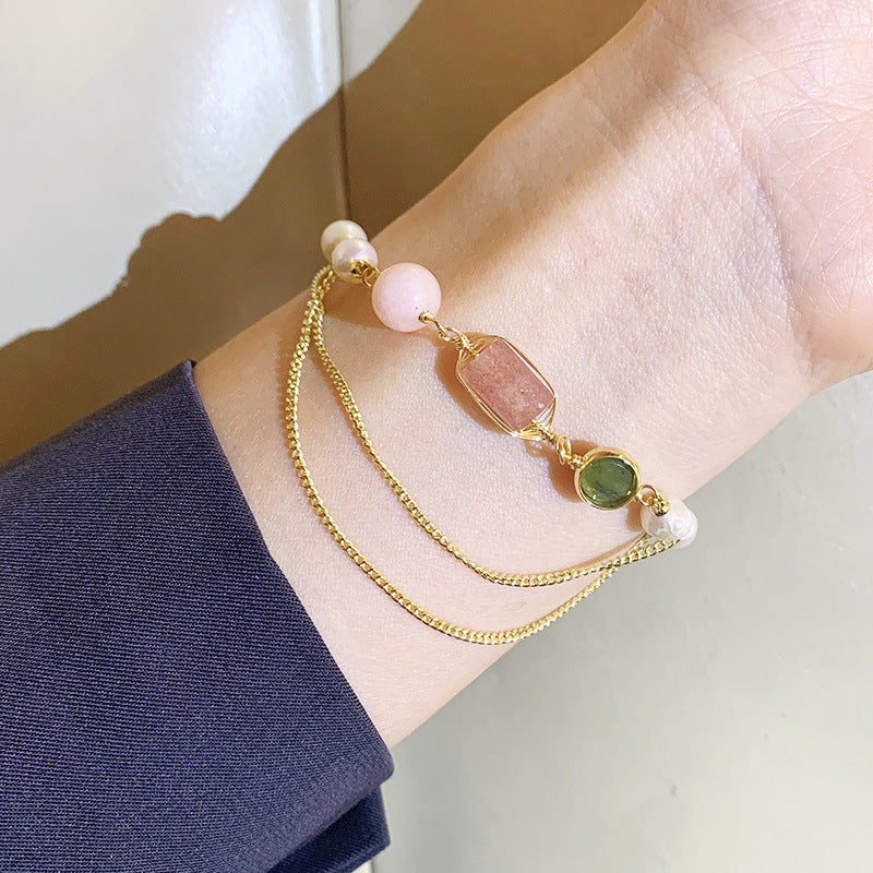 Pulsera de perlas de agua dulce naturales con cristales de fresa para mujer
