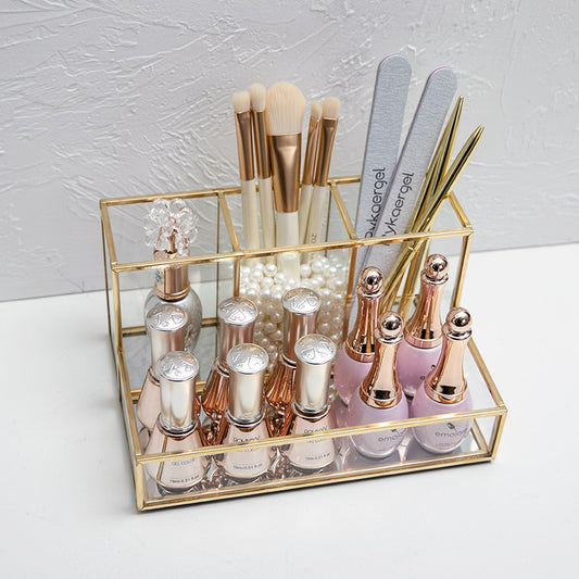 Organizador de maquillaje de vidrio Organizador de cosméticos de baño con acabado dorado