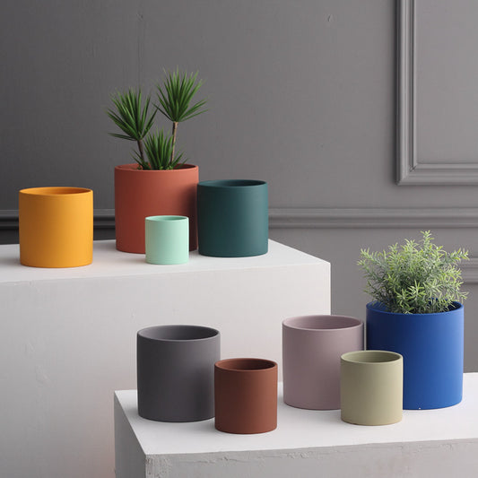 Bunter Blumentopf aus Keramik im nordischen Industriestil für Sukkulenten, Grünpflanzen, zylindrischer Blumentopf mit Lochablage